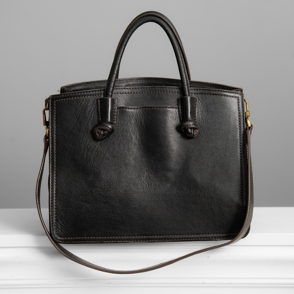 VTG Fossil Black Leather Satchel Crossbody Bag Earthy Minimalist Classic Boho
